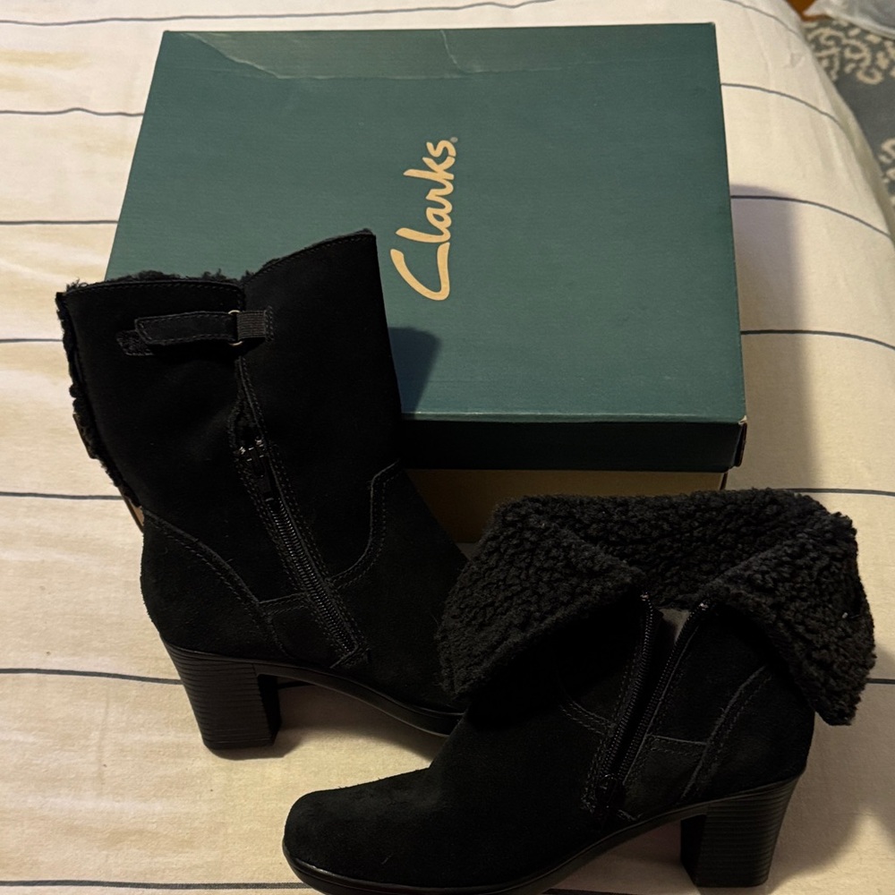 Clarks Black Heeled Boots with Fur Trim